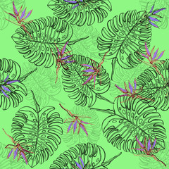Seamless pattern of hand drawn sketch style tropical plants. Vector illustration.