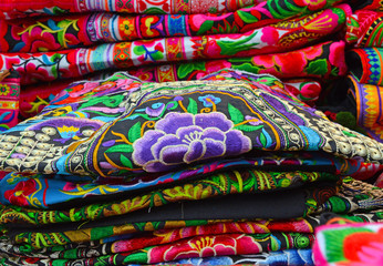 Colorful silk and linen fabric in market in Bangkok Thailand