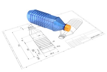 3d illustration of plastic bottle above engineering drawing
