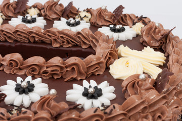 Close up of birthday sponge cake with chocolate cream