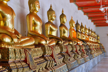 Buddha statues in Buddhist temple, Bangkok Thailand