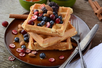 Belgian waffles with blueberry and honey