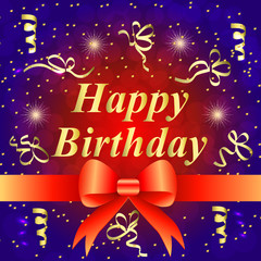 Happy birthday greeting card with red bow. Brightly Colorful illustration. Happy Birthday typography design for greeting cards and poster with confetti . Template for birthday celebration.