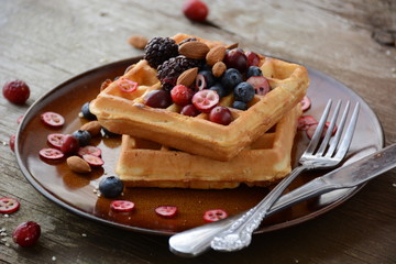 Belgian waffles with blueberry and honey