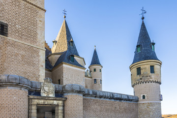 Fototapeta na wymiar Detail of towers and Entrance to the Alcazar of Segovia Spain