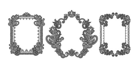 set of black line floral design elements in henna style