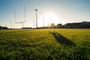 American Football Field Outdoors Goal Posts Green Grass Beautiful Day © hunterbliss