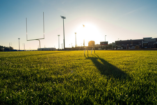 American Football Field Outdoors Goal Posts Green Grass Beautiful Day