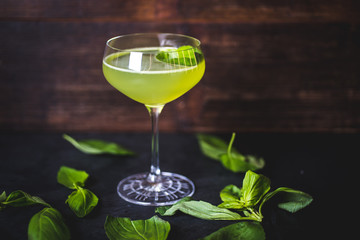 Fouger stands on a table among the lying leaves of mint.