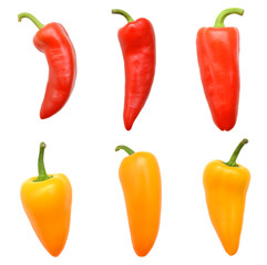 Studio macro of three sweet mini-peppers against a white background.