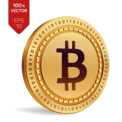 Bitcoin. 3D isometric Physical bit coin. Digital currency. Cryptocurrency. Golden coin with bitcoin symbol isolated on white background. Stock vector illustration.