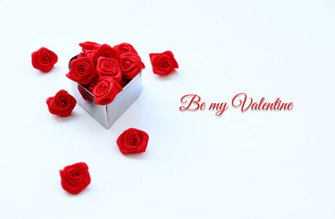 Be my Valentine text and Little Red rose on White background
