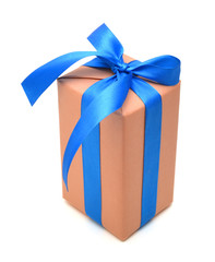 Brown gift box with blue ribbon