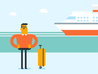 Young smiling happy caucasian white tourist with a suitcase standing on the background of cruise liner. Travel and tourism, vacation and holiday concept. Vector cartoon illustration. Square layout.