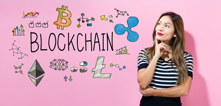 Blockchain with young woman in a thoughtful pose