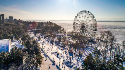 Khabarovsk Ferris wheel the view from the top winter skating rink embankment of the Amur river