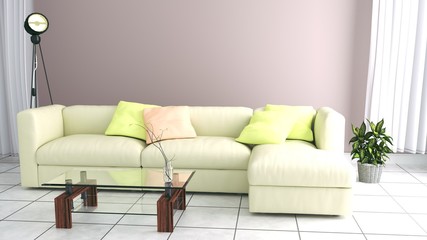 Yellow fabric sofa ,lamp and plants on empty white wall background. 3D rendering
