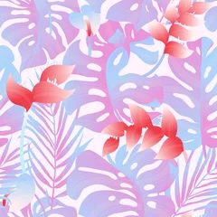 Foto auf Acrylglas Tropical plant seamless pattern, Heliconia, palm, Anthurium and split leaf Philodendron in pink and blue tone © momosama