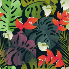 Zelfklevend Fotobehang Tropical plant seamless pattern, Heliconia, palm, Anthurium and split leaf Philodendron on dark back © momosama
