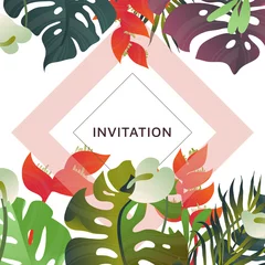 Schilderijen op glas Hand drawn Tropical plant, Heliconia, palm, Anthurium and split leaf Philodendron, invitation card design © momosama
