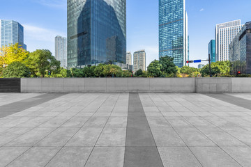 Panoramic skyline and buildings with empty square floor.