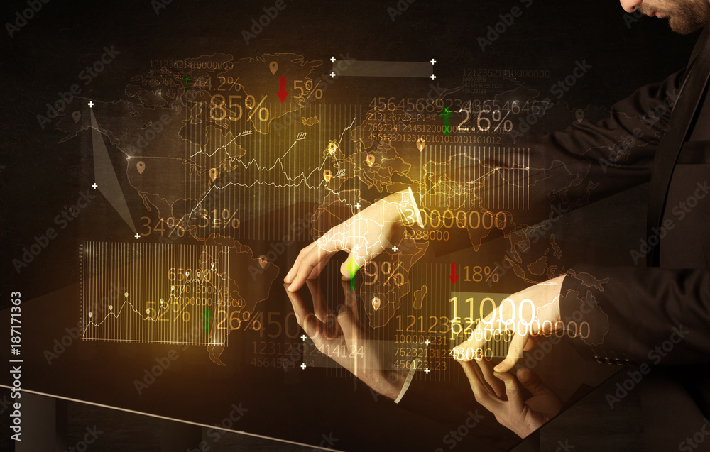 Poster Hands navigate on high tech smart table with business icons