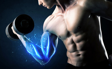 Fit athlete lifting weight with blue muscle light concept