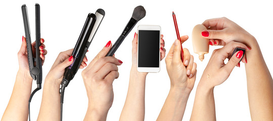 many hands with make up items