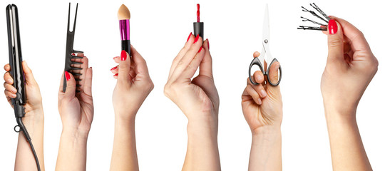 many hands with make up items