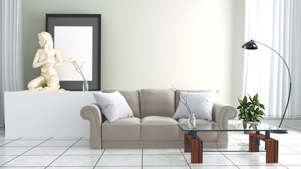 Modern sofa living room with statue and empty grey wall background. 3D rendering