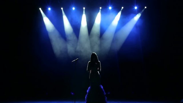 Luxurious singer in a long dress with a fluffy skirt performing on stage in the dark with smoke and lights.