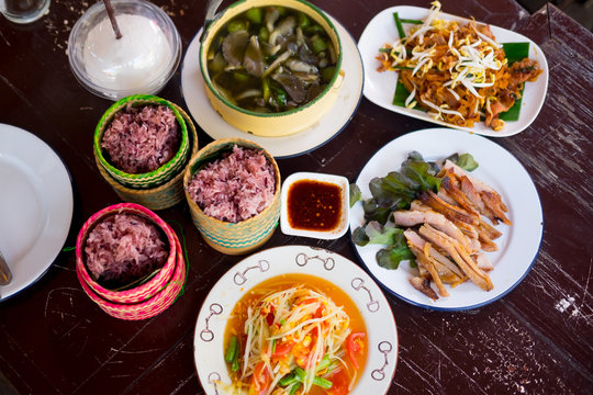 Various of Thai spicy food on rustic background