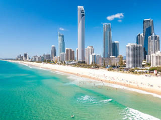 Surfers Paradise aerial view on a clear day on the Gold Coast with blue water