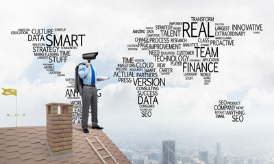 Concept of home security and privacy protection with camera headed man