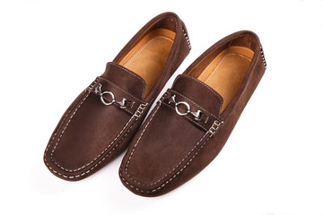 Men's brown suede moccasins, loafers isolated white background.