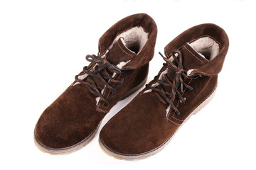 Women's winter boots, brown, suede, shoes isolated white background.