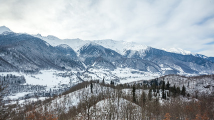 Fototapeta na wymiar Mountain village in the Caucasus Mountains in winter, Svaneti, Georgia