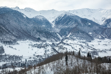 Mountain village in the Caucasus Mountains in winter, Svaneti, Georgia