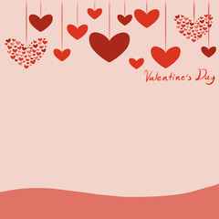 Happy valentines day greeting card with lettering and falling various type of hearts shape. flat style vector illustration.