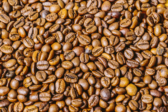 Many roast brown coffee grains texture close up on an abstract background © jordieasy