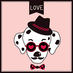 Illustration vector of a dalmatian dog put on sunglasses decorated with hearts, bow tie and hat  for valentine's day card design on hipster cute style.