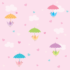 Birds with umbrella with raining heart in pink sky background design for seamless pattern.
