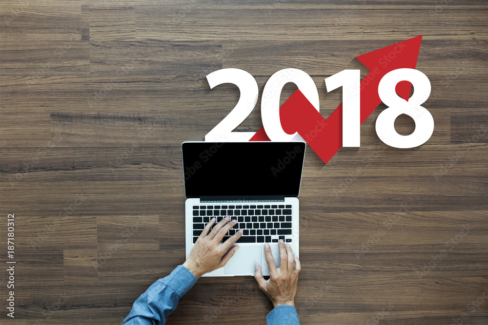 Fototapete business graph with arrow up and 2018 symbol, success concept and growth idea concept, with business