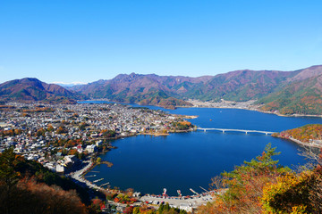 Fototapeta na wymiar Kawaguchiko lake, Japanese landscape river autumn red tree