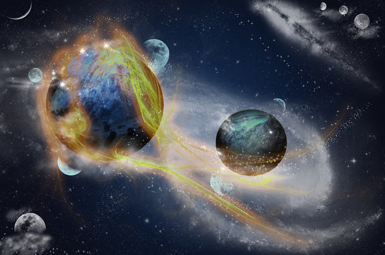 Planet with flare in space, optical fibres