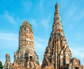 Ancient ruins at Wat Chaiwatthanaram Buddhist temple in Ayutthaya Thailand