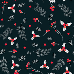Vector seamless pattern with berries and pine branches on dark background for Christmas and winter designs