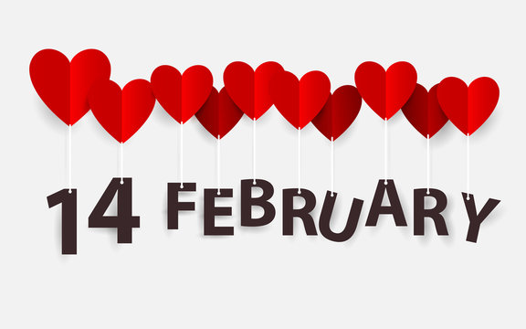 14 February hanging with Red Heart Balloons. Happy valentines day. Paper art and craft style