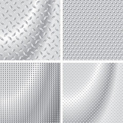 3d vector illustration. Collection of steel textures. Four different metal textures. Abstract background of metallic carpet.