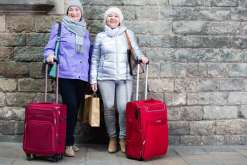 Senior ladies with travelling bags near stone wall